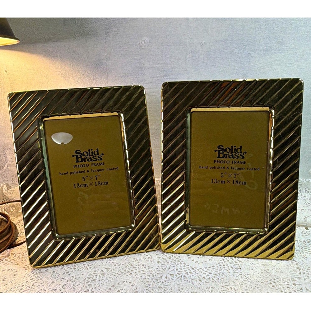 2 Solid Brass 5x7 Gold Photo Frame, Polished, Clear Glass, Freestanding Vintage
